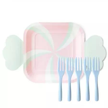 卡通糖果造型蛋糕盤叉組 5入／生日蛋糕盤叉組／母親節蛋糕盤叉組