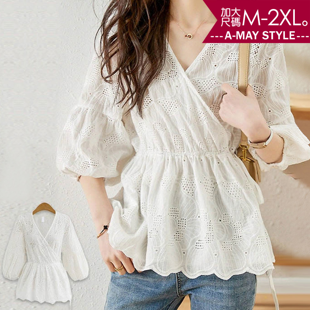 現貨 加大碼上衣-V領鏤空刺繡收腰蕾絲衫(M-2XL)【XML22S51】＊艾美時尚