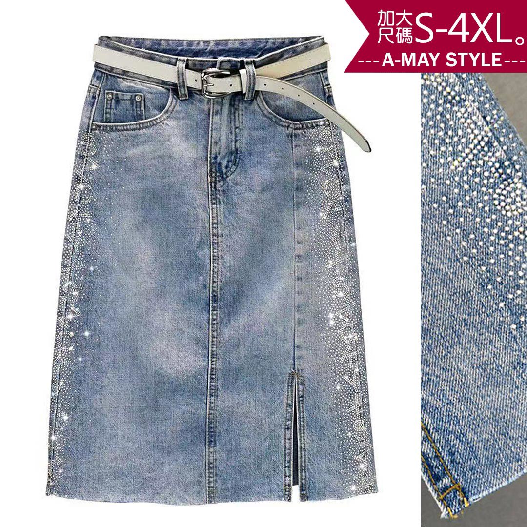 加大碼半身裙 璀璨燙鑽中長牛仔裙(S-4XL)【XC062359】＊艾美時尚(現 預)