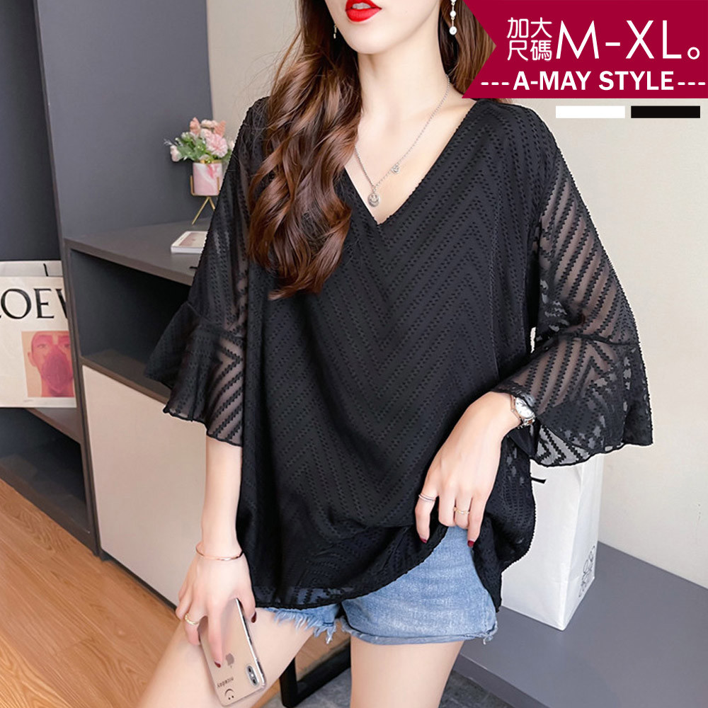 現貨 加大碼上衣-顯瘦V領寬鬆飄逸雪紡衫(M-XL)【XML22S36】＊艾美時尚