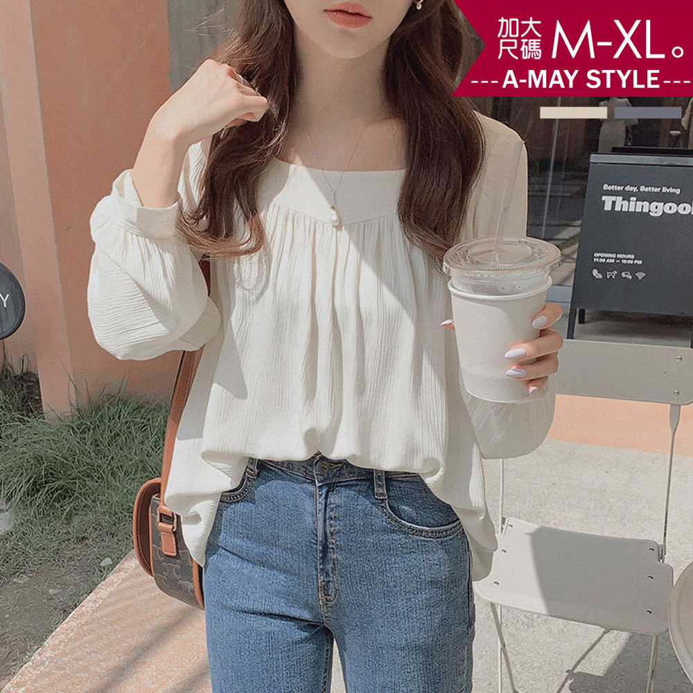 加大碼上衣-韓系氣質抓皺垂墜感雪紡衫(M-XL)【XHT121】＊艾美時尚(現 預)