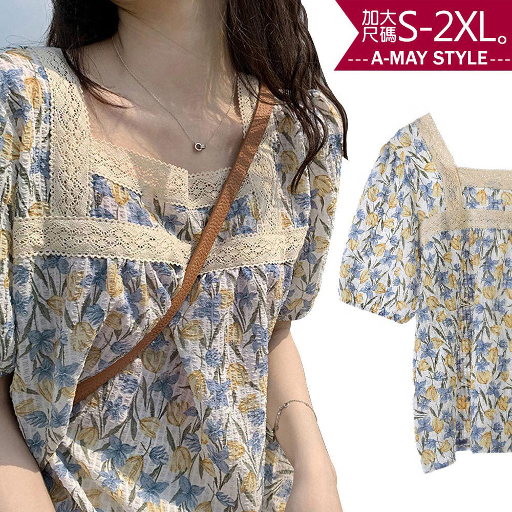 現貨 加大碼女裝-方領碎花寬鬆休閒上衣T恤(S-2XL)【XKC97518】＊艾美時尚