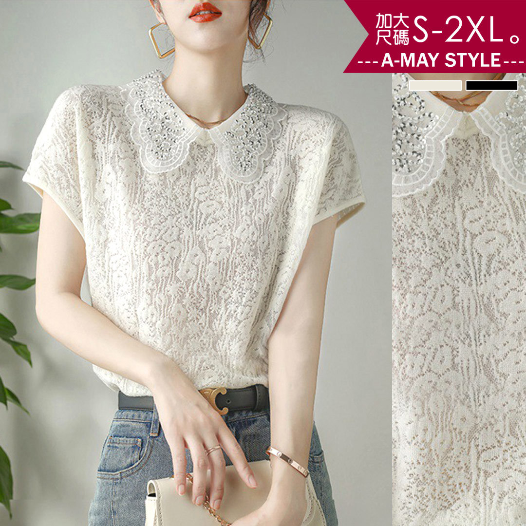 加大碼上衣-復古風娃娃領針織短袖上衣(S-2XL)【XAL903241】＊艾美時尚(現 預)