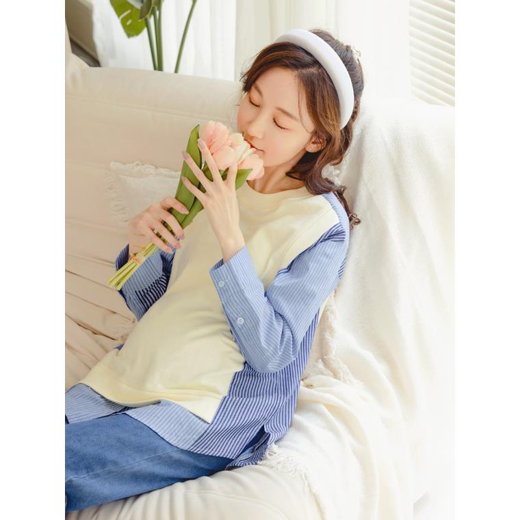 簡約純棉拼接條紋開衩哺乳上衣