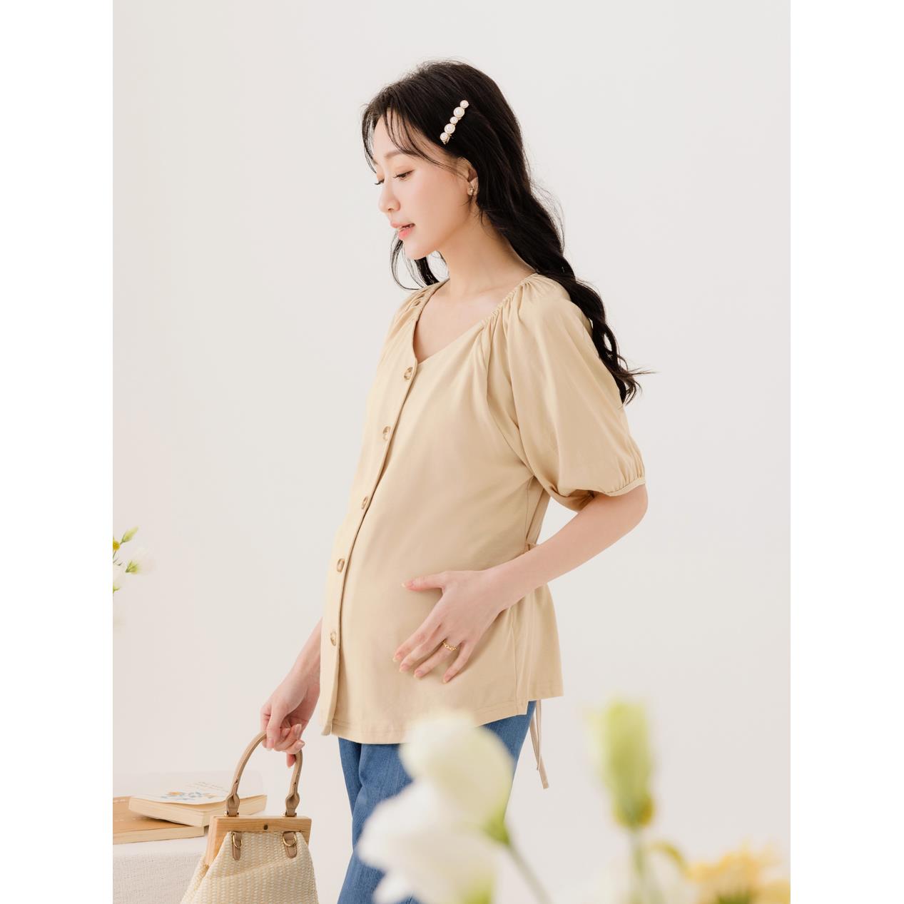 純棉浪漫澎袖後綁帶鈕扣式哺乳上衣