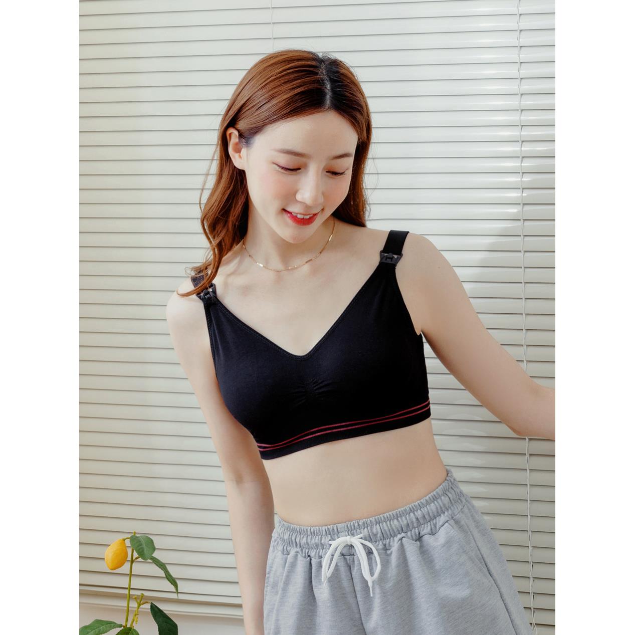 撞色條紋肩開扣運動型哺乳內衣