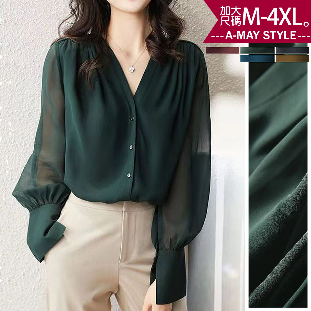 加大碼上衣-法式V領澎澎長袖雪紡衫(M-4XL)【XC039250】＊艾美時尚(現 預)