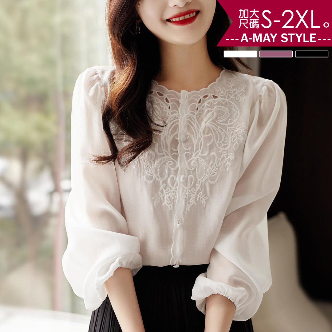 加大碼上衣-優雅圓領蕾絲澎袖襯衫(S-2XL)【XAM125542】＊艾美時尚(現 預)