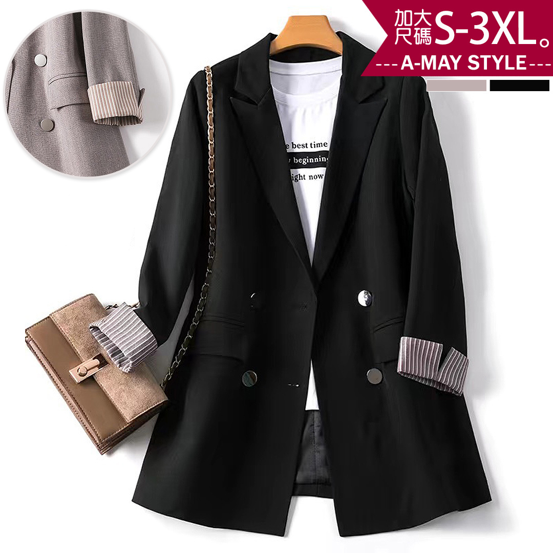 加大碼 外套 日韓設計條紋翻袖百搭西裝外套(S-3XL)【XC21S83】*艾美時尚(現 預)
