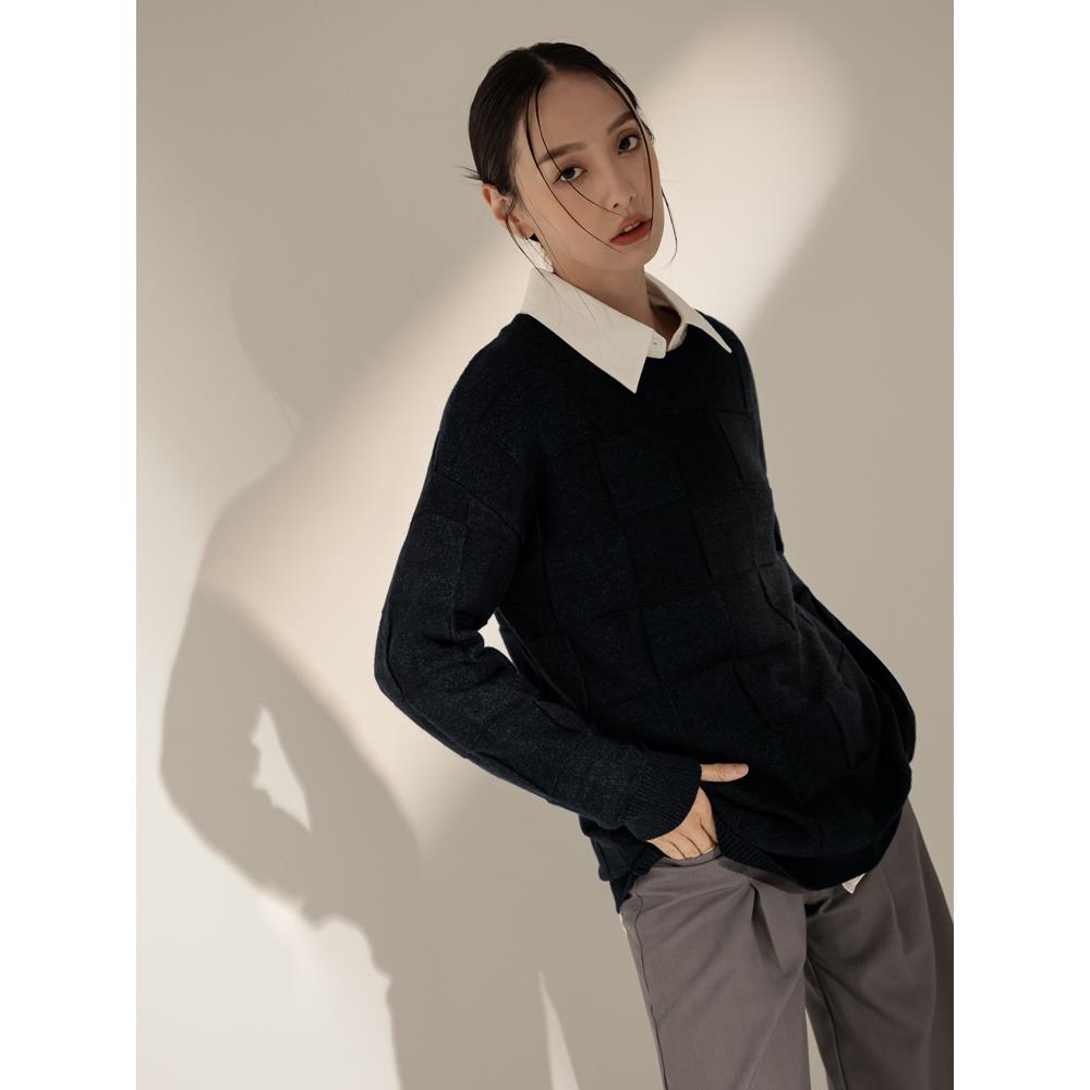 男女共穿.QQ針織格紋長袖毛衣
