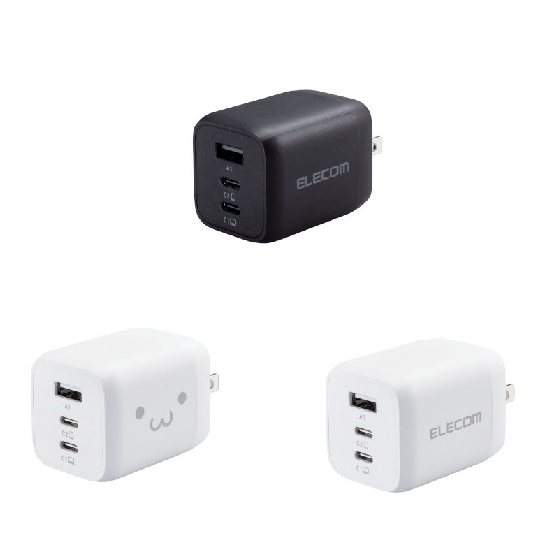 ELECOM 65W GaN氮化鎵三孔快速充電器-黑/白笑臉/白