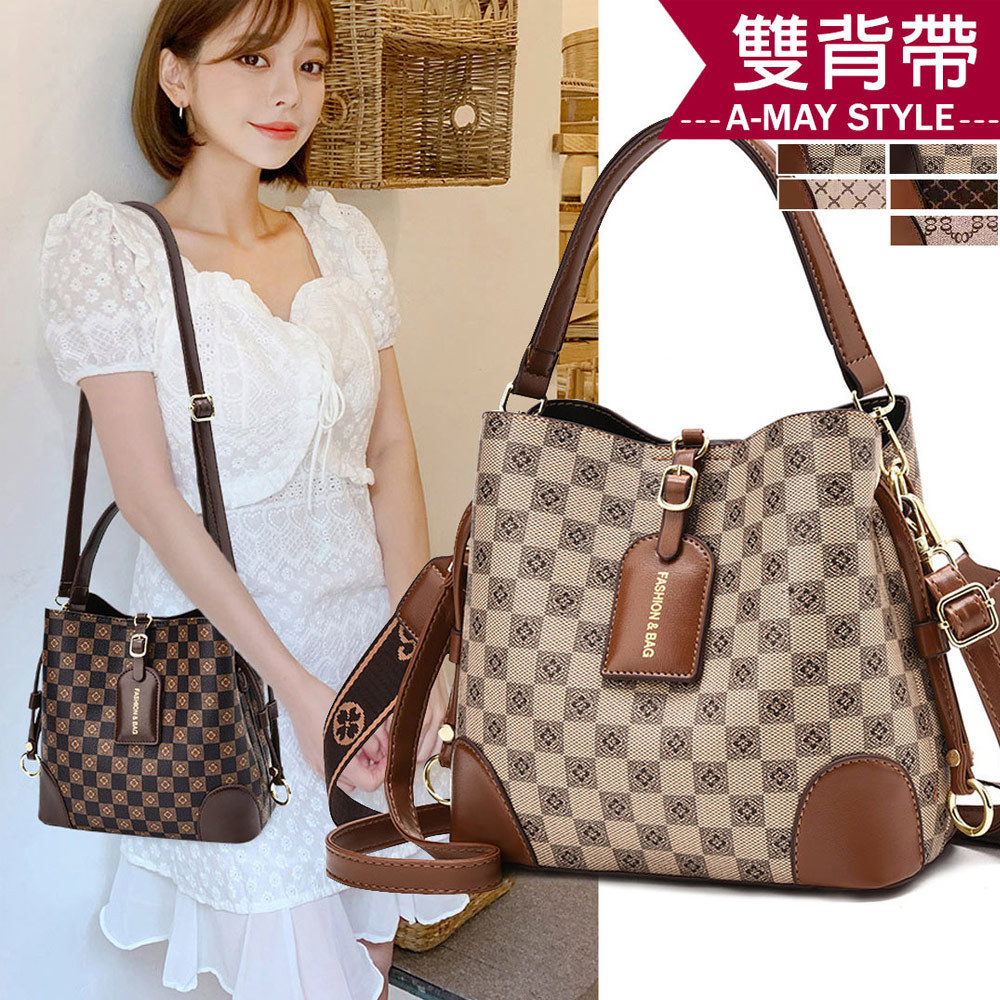 女包 手提包 斜背包 時尚格紋雙背帶肩背水桶包【XGL883632】＊艾美時尚(現 預)