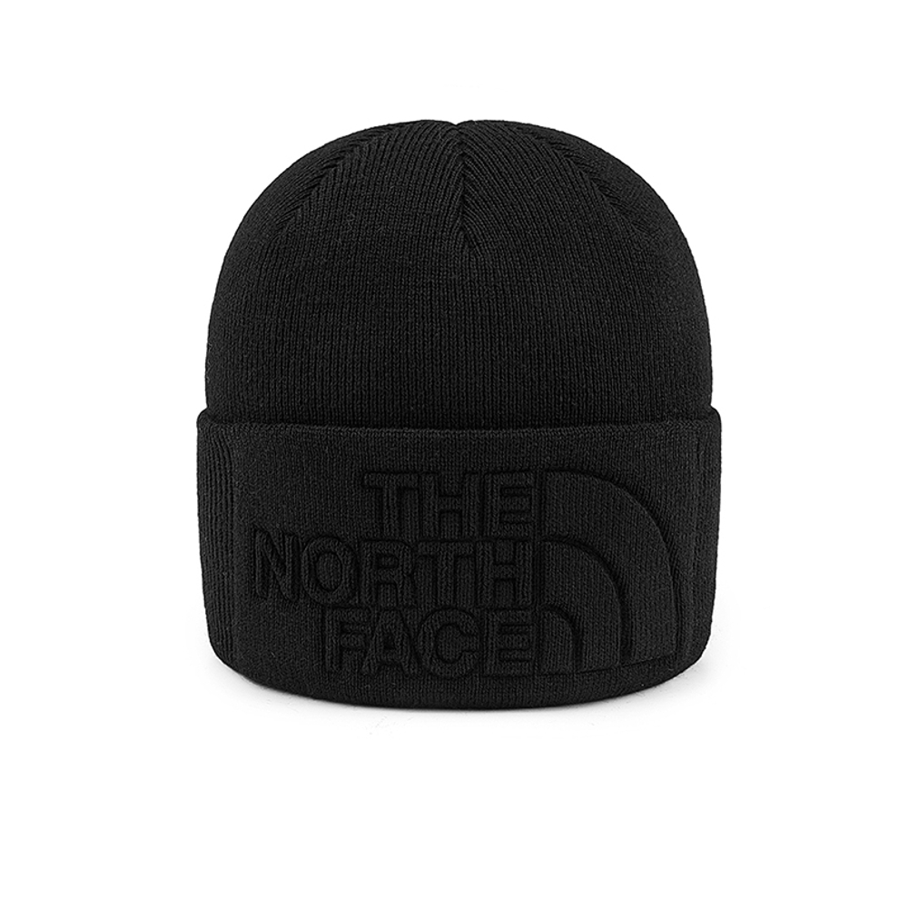 The North Face北面男女款黑色舒適保暖針織大尺寸LOGO壓花設計毛帽｜7WJHJK3