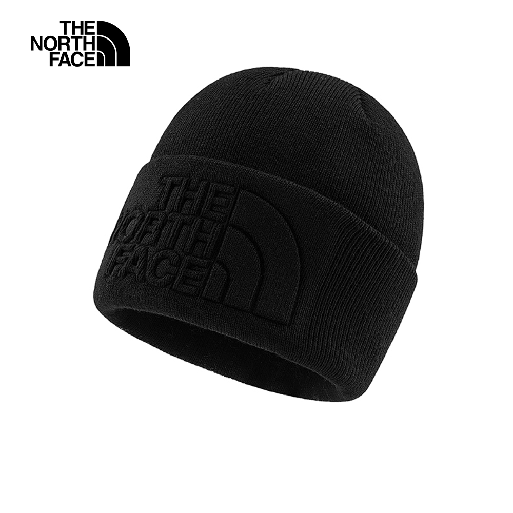 The North Face北面男女款黑色舒適保暖針織大尺寸LOGO壓花設計毛帽｜7WJHJK3