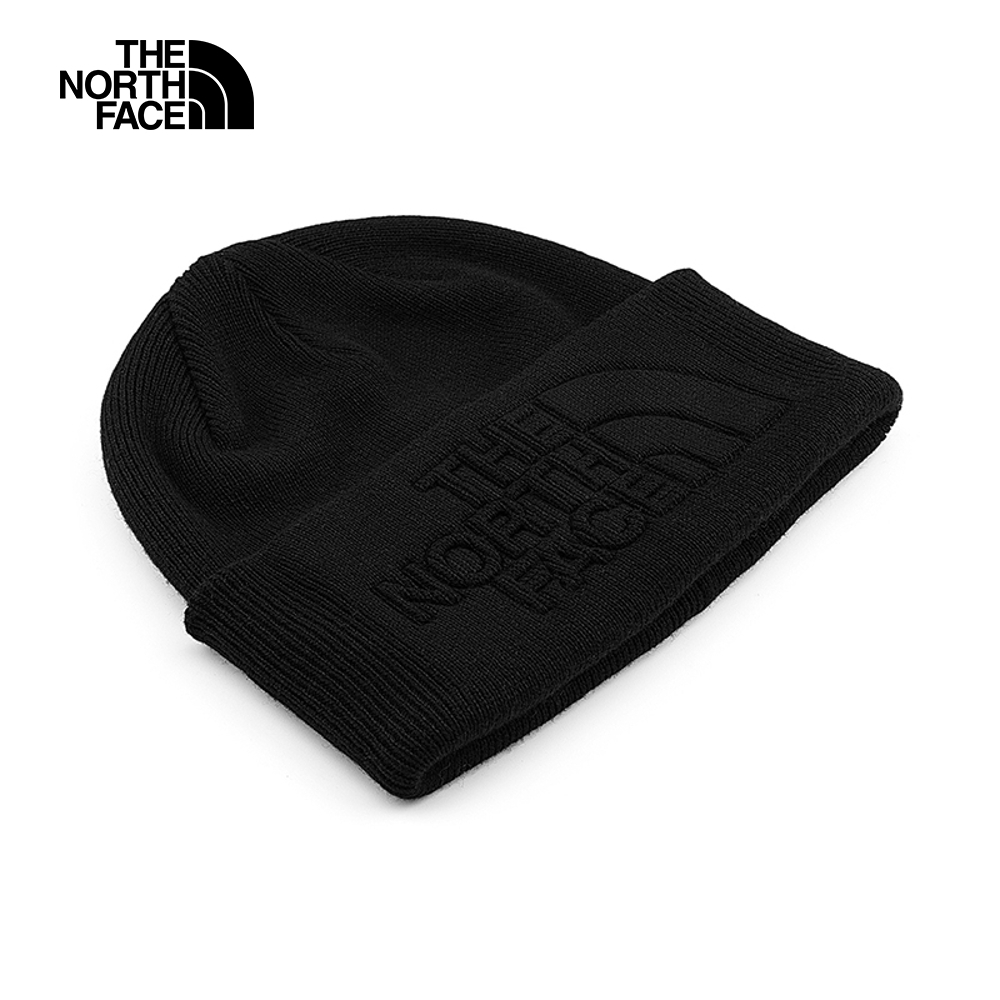 The North Face北面男女款黑色舒適保暖針織大尺寸LOGO壓花設計毛帽｜7WJHJK3