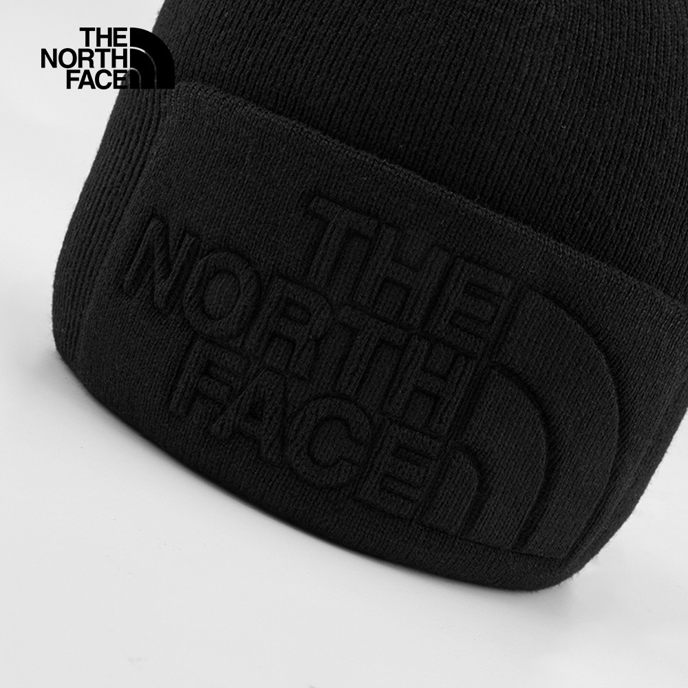 The North Face北面男女款黑色舒適保暖針織大尺寸LOGO壓花設計毛帽｜7WJHJK3