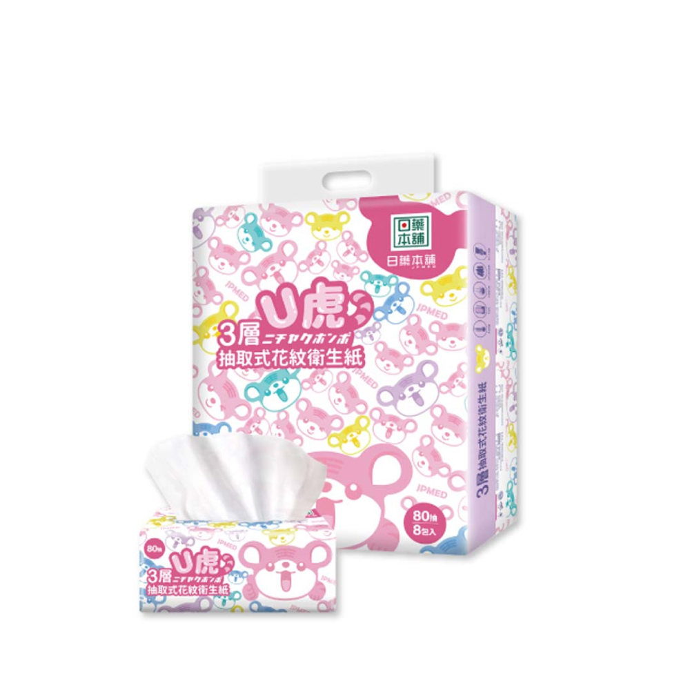 【箱購請選7件】歡樂U虎三層連續抽取式花紋衛生紙8包入/串