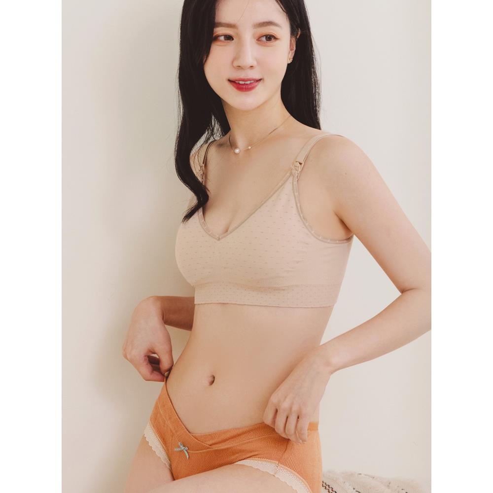 圓點蕾絲滾邊肩開式無鋼圈哺乳內衣(M-XL)