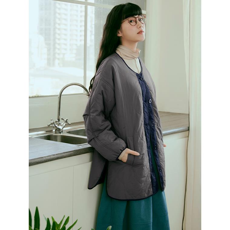 寬鬆拼色波紋雙口袋鋪棉絎縫外套