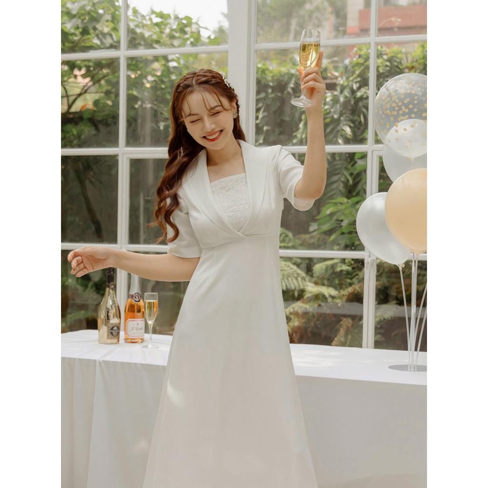 韓系西裝領蕾絲拼接五分袖收腰洋裝輕婚紗