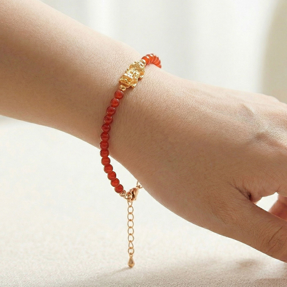招財納福貔貅天然紅珊瑚手鍊 (招財/辟邪化災/保平安/如來佛)