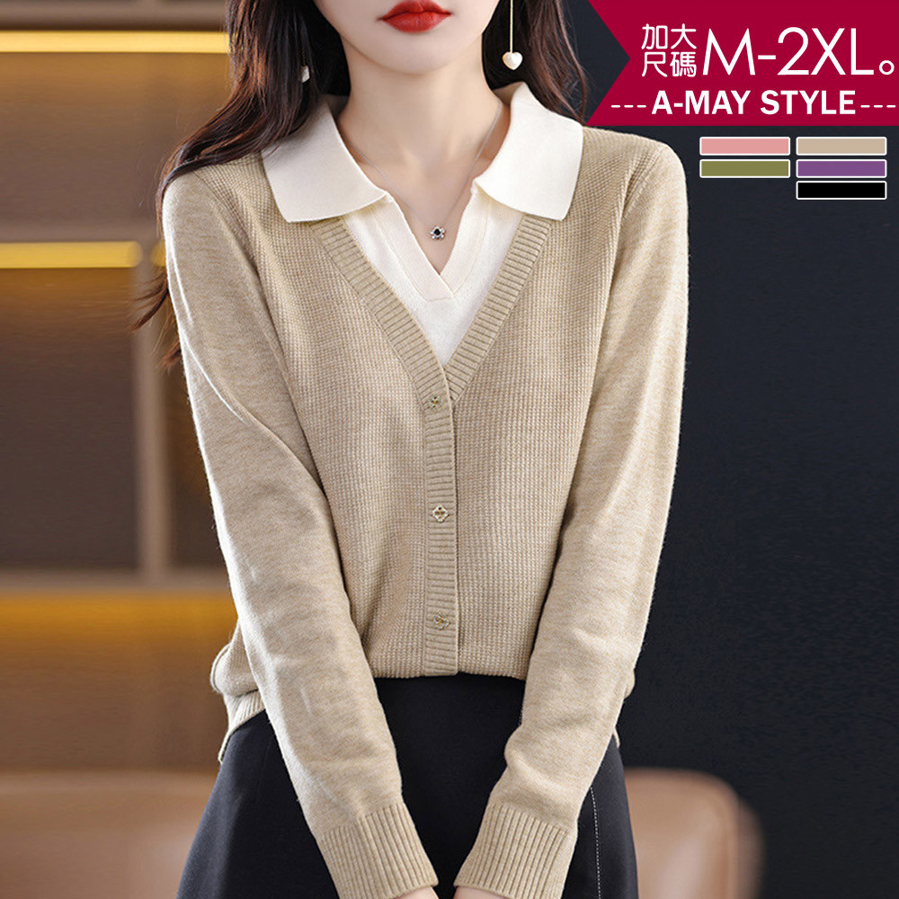 加大碼 針織衫 上衣 日系簡約翻領假兩件針織上衣(M-2XL)【XNL38241】＊艾美時尚(現 預)
