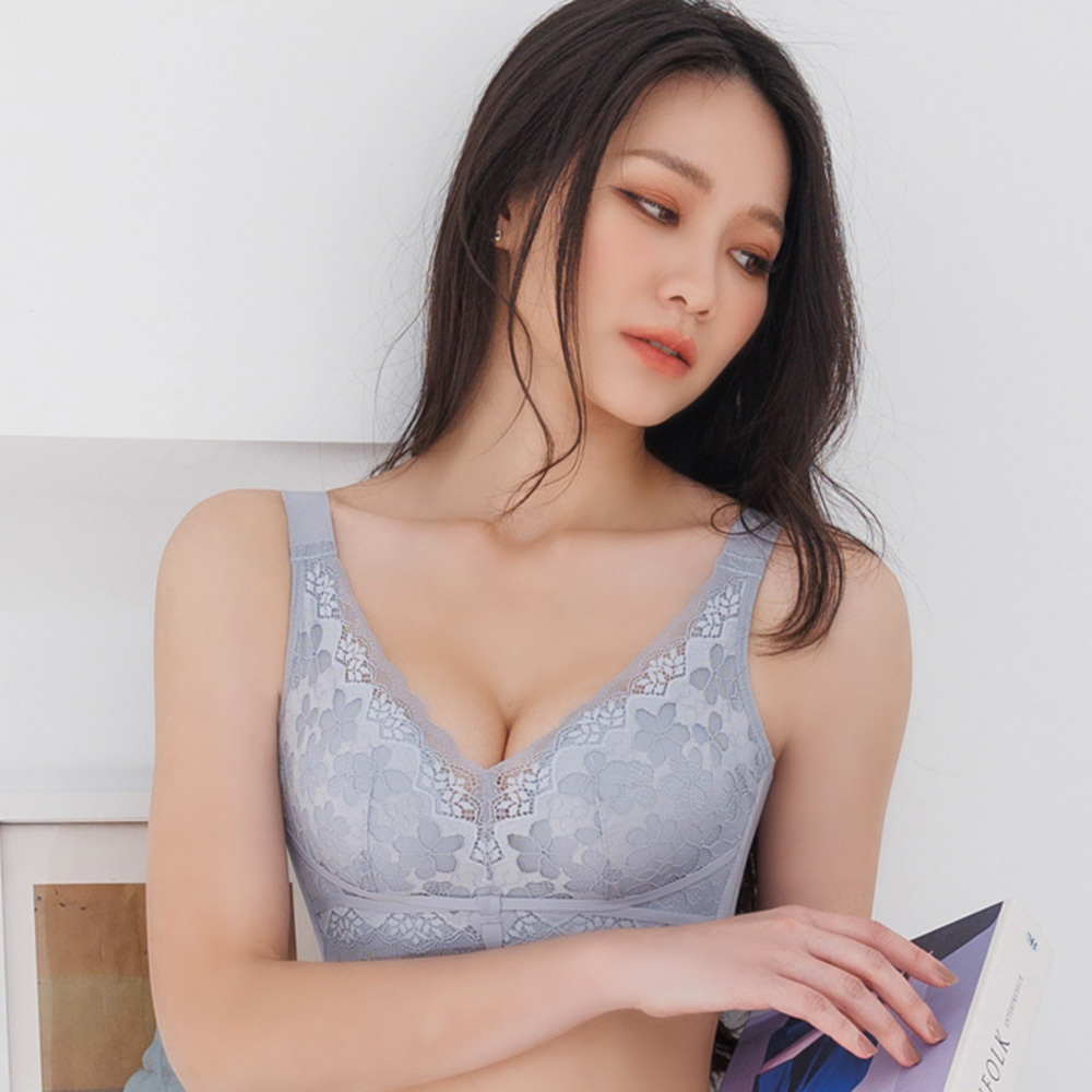 【溫柔蜜雪兒】深溝渾圓蕾絲無鋼圈內衣 M-XXL 藍色 A10101