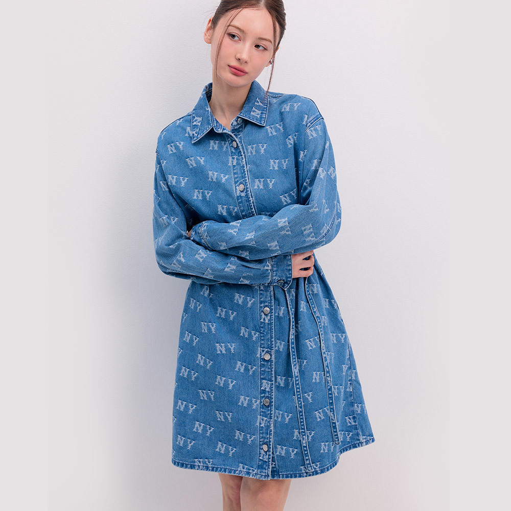 MLB Korea MLB 女版牛仔丹寧長版襯衫 連身裙 洋裝 Cube Monogram系列 紐約