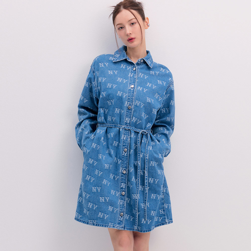 MLB  女版牛仔丹寧長版襯衫 連身裙 洋裝 Cube Monogram系列 紐約洋基隊 (3FDDM0141-50BLL)