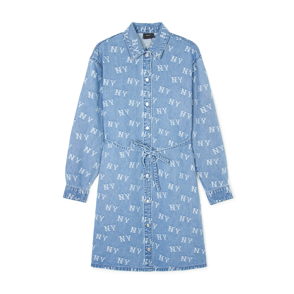 MLB  女版牛仔丹寧長版襯衫 連身裙 洋裝 Cube Monogram系列 紐約洋基隊 (3FDDM0141-50BLL)