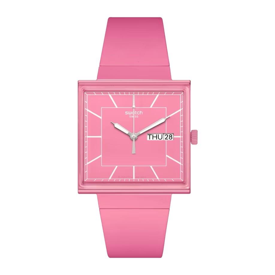 【swatch】WHAT IF…ROSE?生物陶瓷 方形錶 櫻花粉 男錶 女錶 (SO34P700)