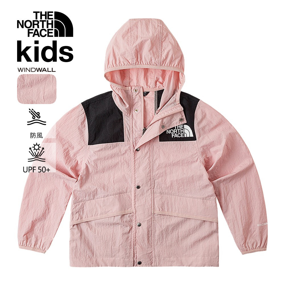 The North Face北面兒童UPF粉紅色防風防曬彈力滾邊袖口休閒連帽外套｜899BH