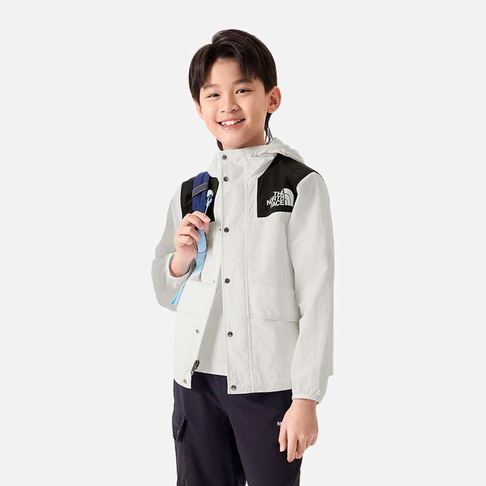 The North Face北面兒童UPF白色防風防曬彈力滾邊袖口休閒連帽外套｜899BLA9