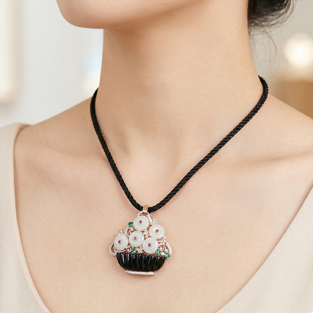 五福臨門冰地芙蓉翡翠聚寶盆項鍊