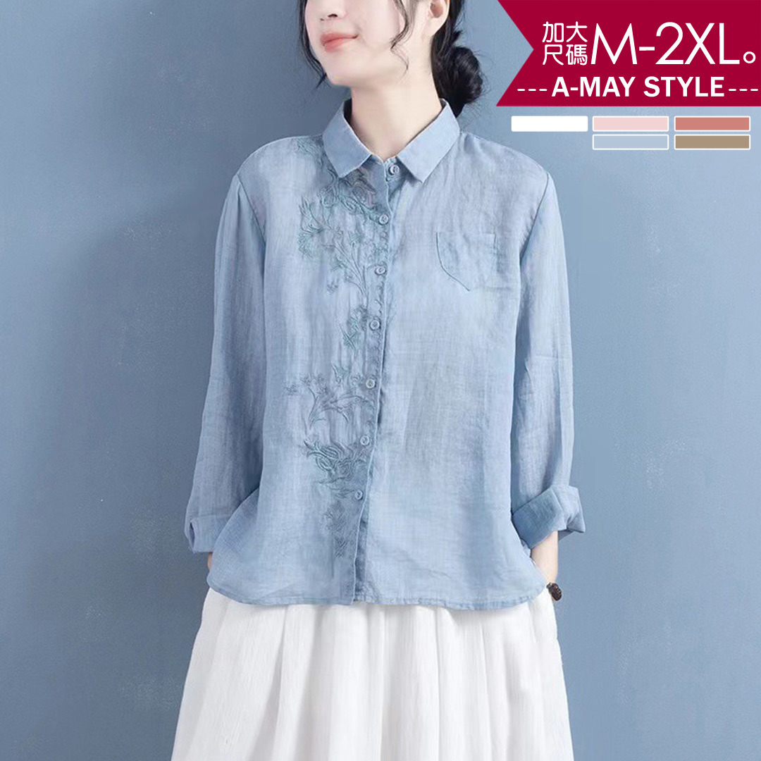 加大碼 上衣 文藝刺繡不對稱日韓簡約風襯衫(M-2XL)【XMS830836】＊艾美時尚(現 預)