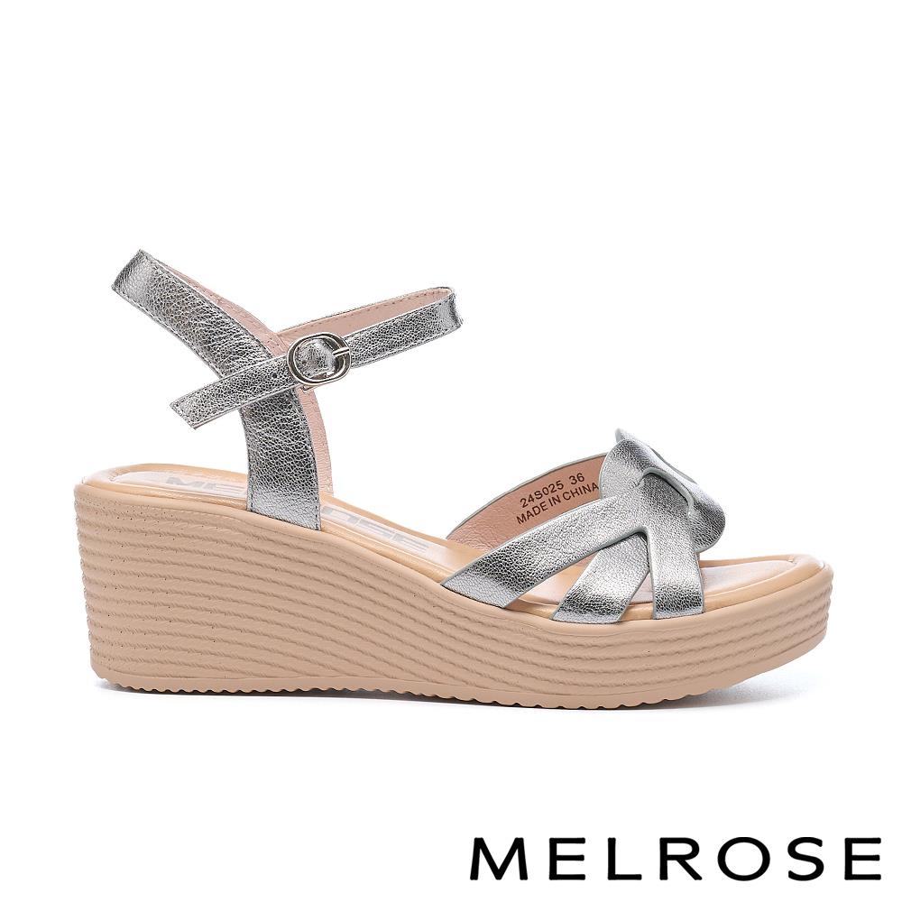 MELROSE 美樂斯 夏日輕旅 艷夏日常編織交錯造型真皮厚底涼鞋－銀