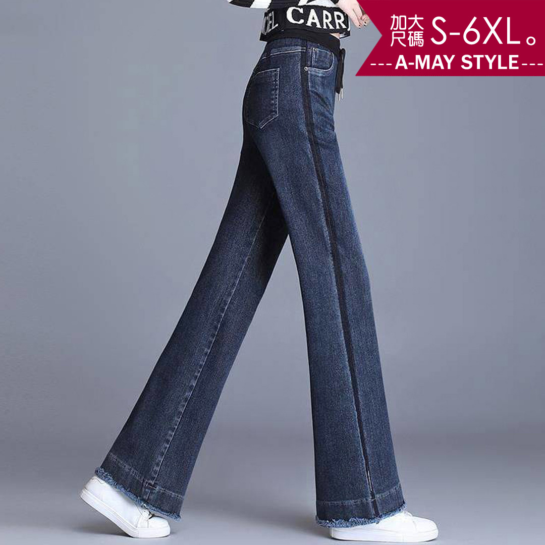 加大碼 長褲 丹寧寬褲 顯瘦鬆緊毛邊直筒牛仔褲(S-6XL)【XNH055865】＊艾美時尚(現 預)