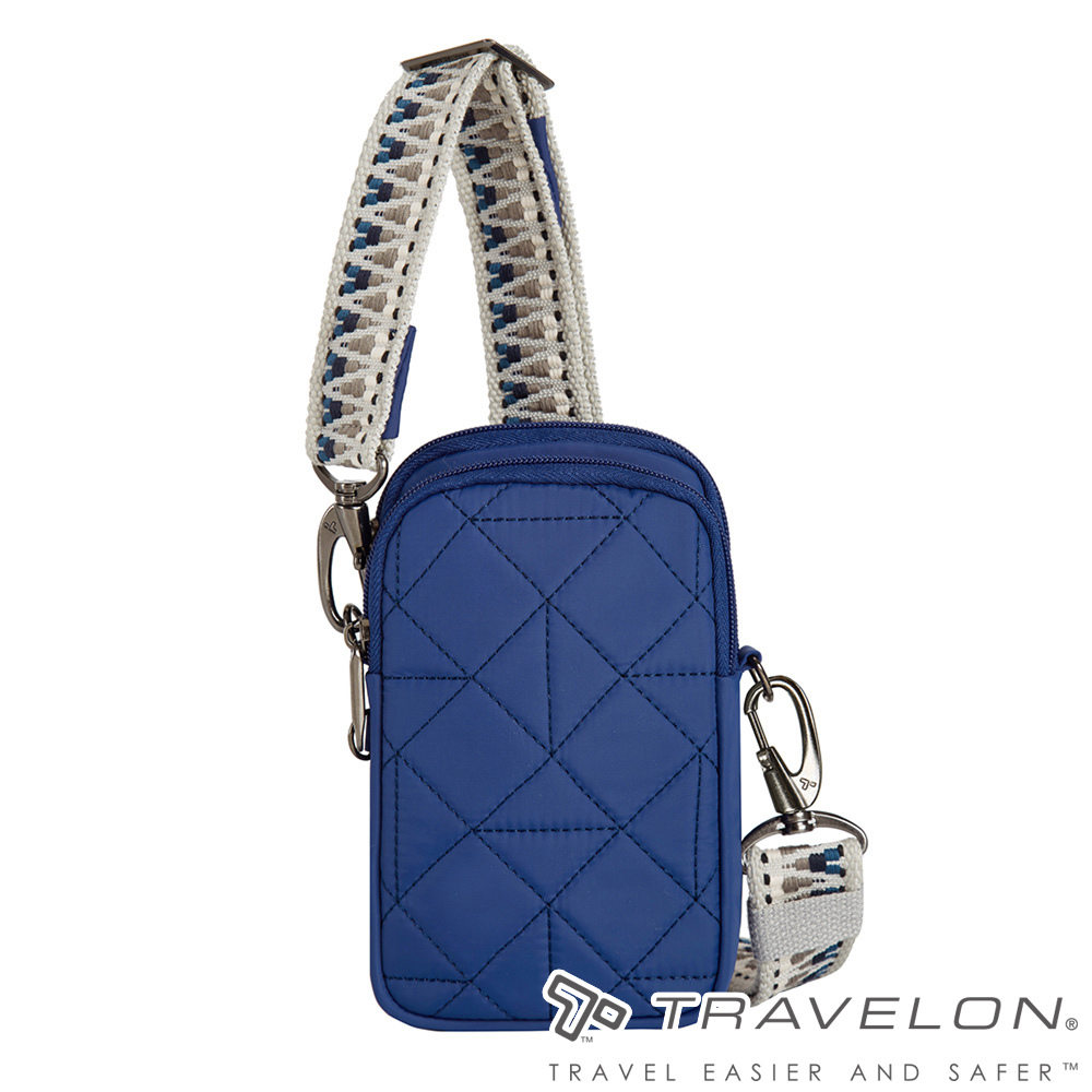 【Travelon美國防盜包】 Boho防盜格紋斜背包(TL-43621藍/隨身斜背包/旅遊休閒包/手機包)