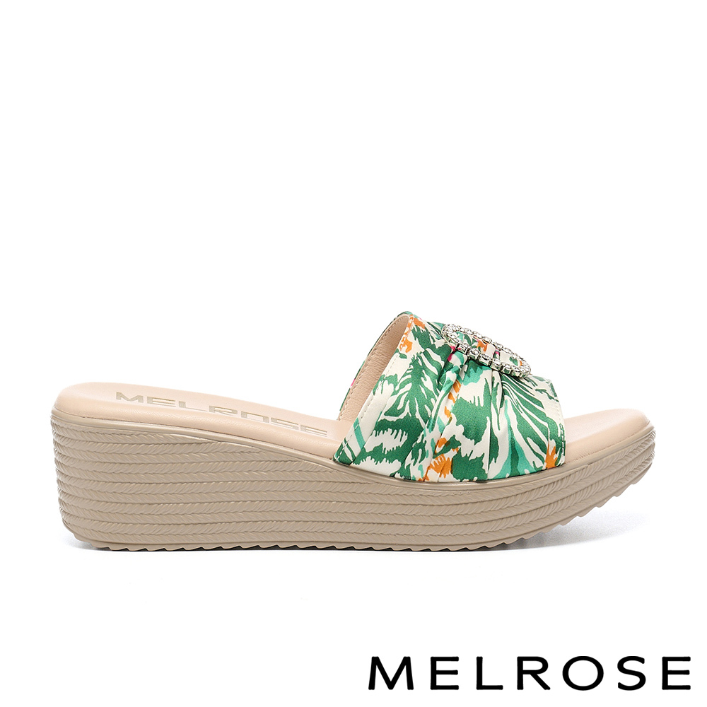 MELROSE 美樂斯 夏日輕旅 豔夏圓鑽釦花布輕量厚底拖鞋－綠