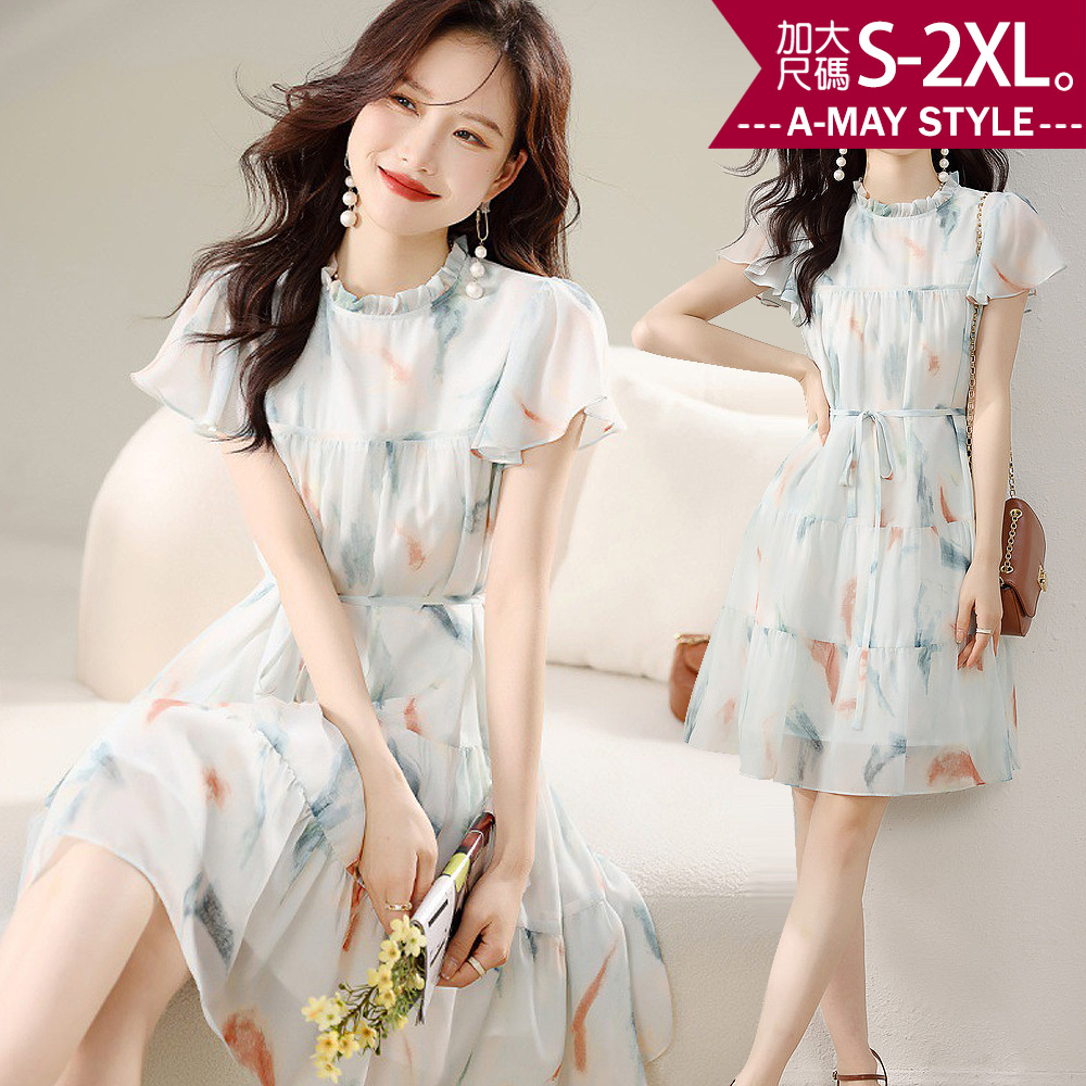 加大碼 連身裙 氣質花邊領印花雪紡洋裝(S-2XL)【XWN70555】＊艾美時尚(現+預)_0