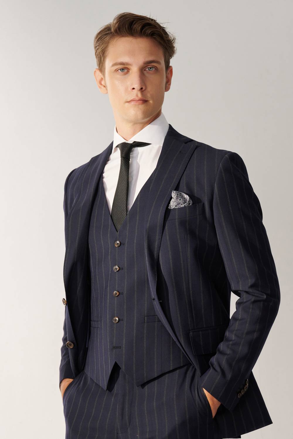 SST&C Classic Navy Blue Straight Stripe Slim Fit Suit Jacket | 00012408001_0