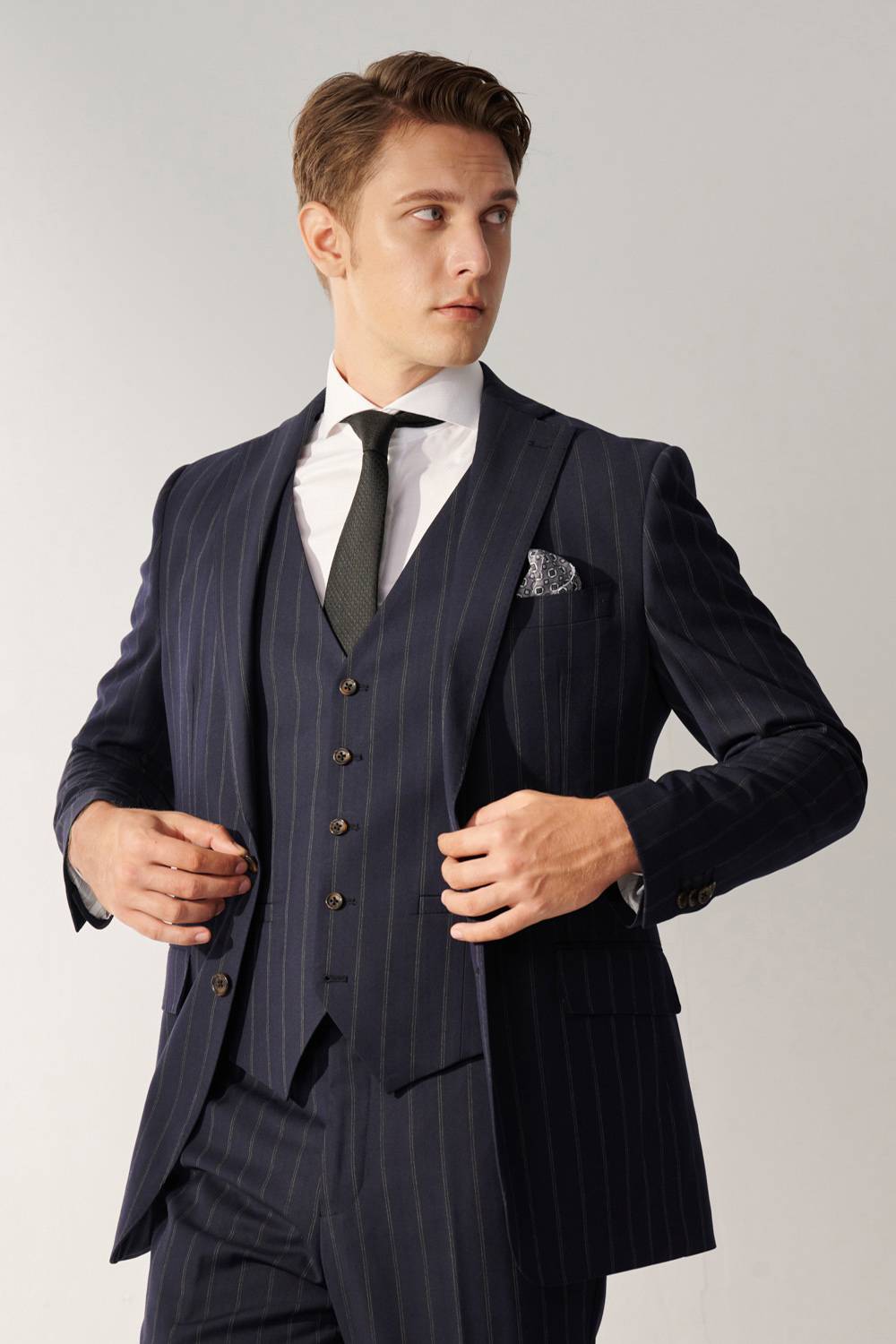 SST&C Classic Navy Blue Straight Stripe Slim Fit Suit Jacket | 00012408001_1