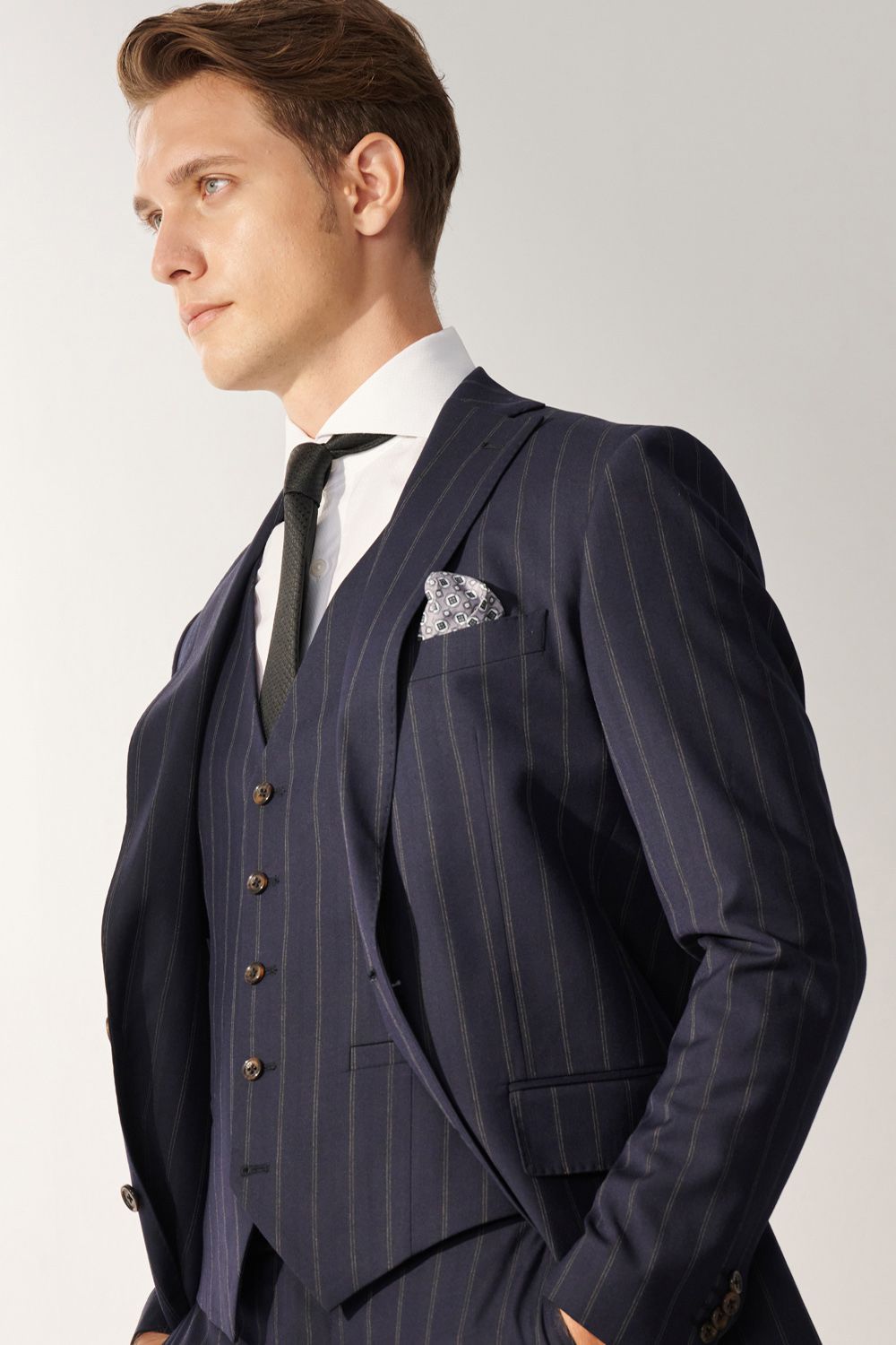 SST&C Classic Navy Blue Straight Stripe Slim Fit Suit Jacket | 00012408001_2