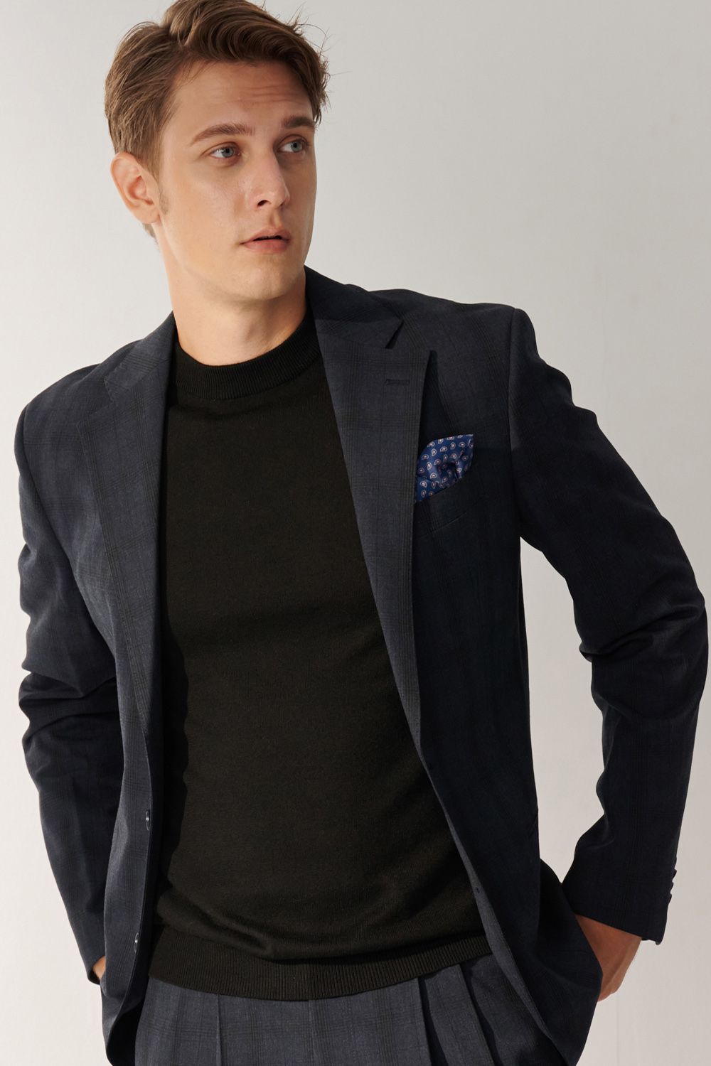 SST&C Classic Navy Checkered Loose Suit Jacket | 00012408005_1
