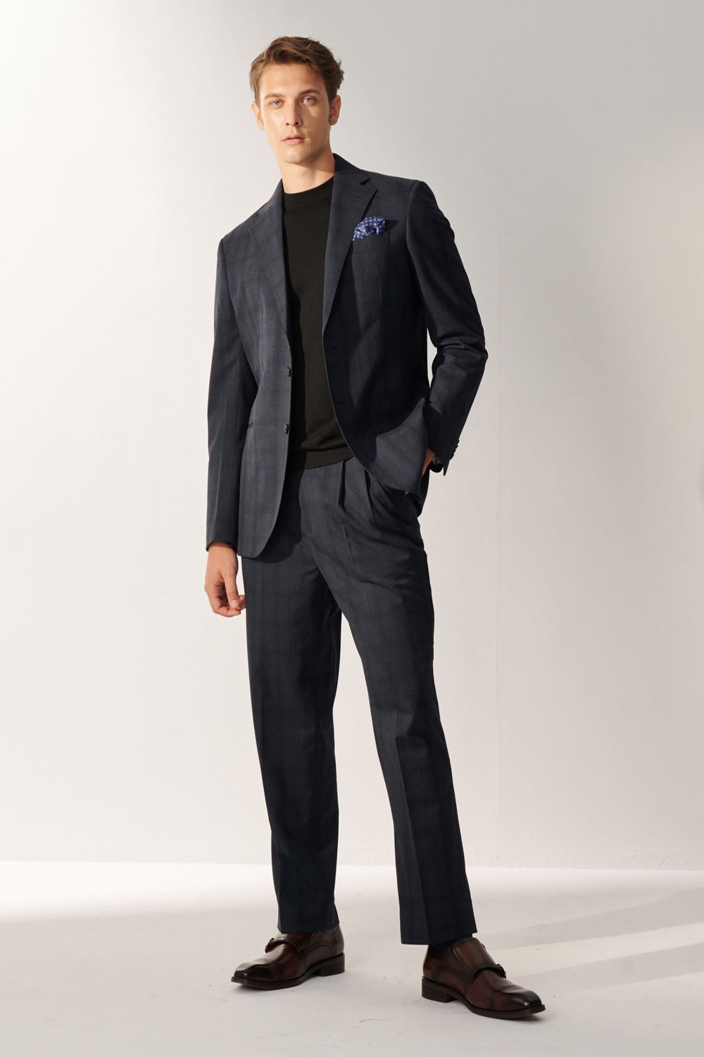 SST&C Classic Navy Checkered Loose Suit Jacket | 00012408005_3