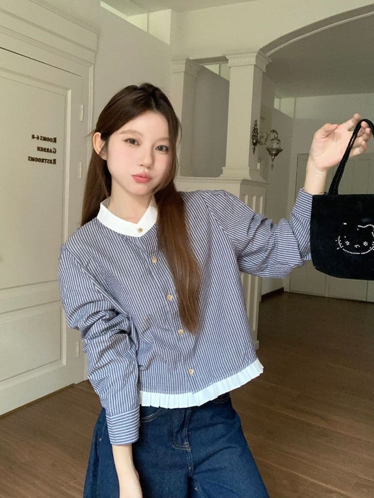 【missy shop】心跳鼓動條紋撞色壓褶滾邊上衣-70214_0