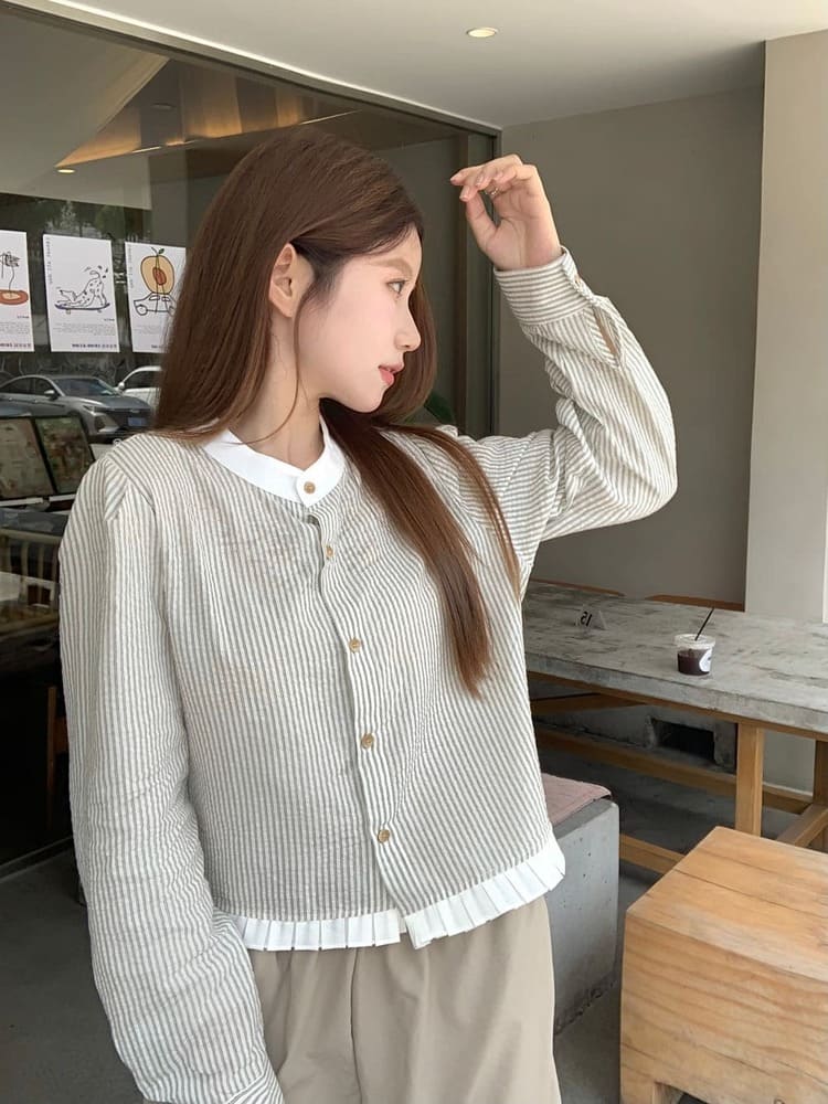 【missy shop】心跳鼓動條紋撞色壓褶滾邊上衣-70214_1