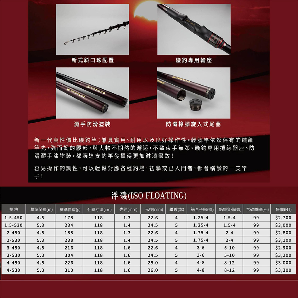 PROTAKO 上興浮磯ISO FLOATING 磯釣竿1.5/2/3/4 號15-18尺