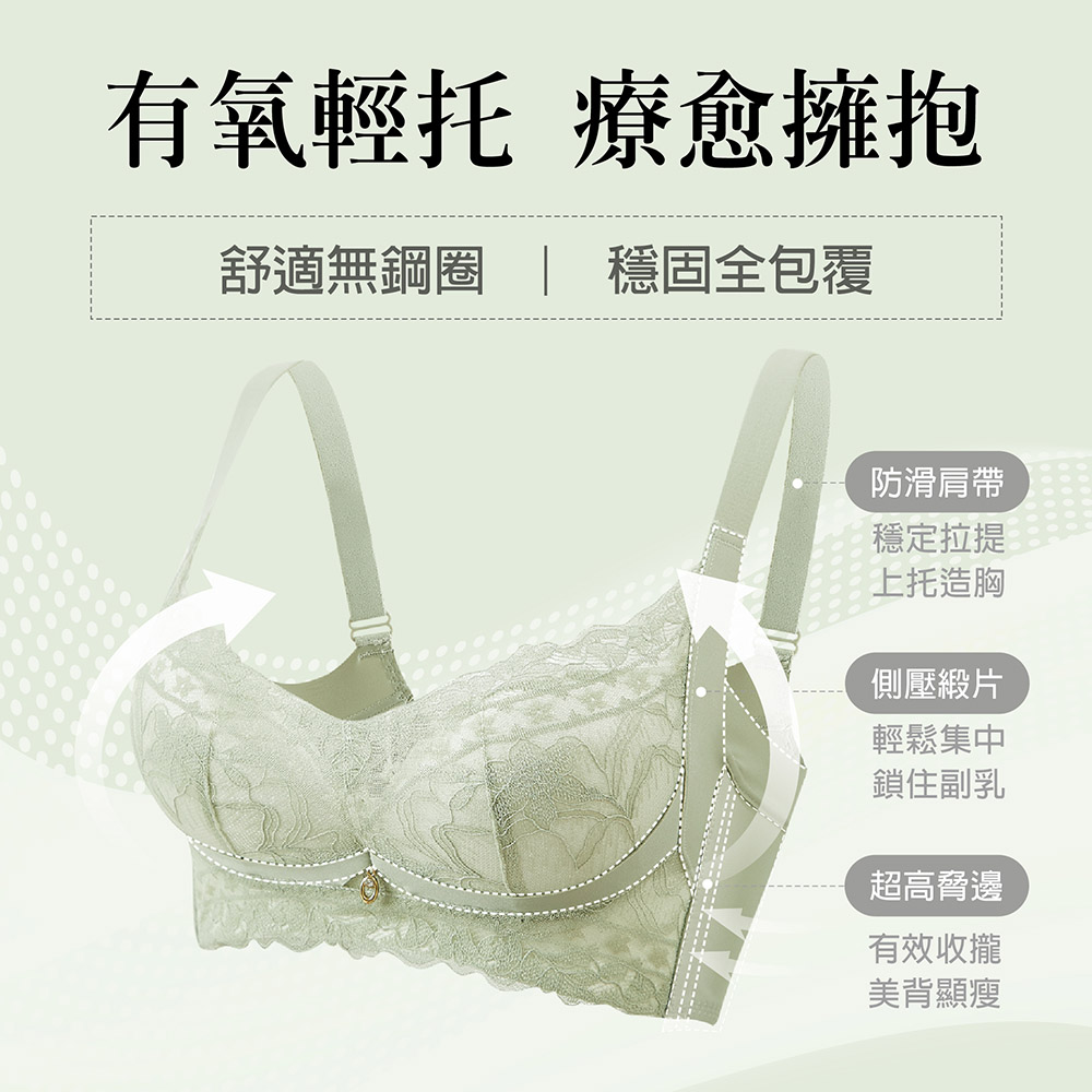 【有氧紓壓BRA】渾圓聚攏蕾絲無鋼圈內衣 M-3L 綠 A10138_3