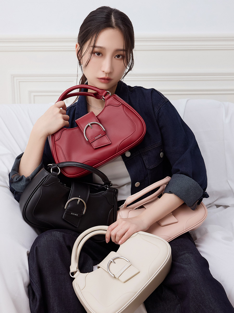 ★S'AIME★三層手提彎月包 半月型 2way ハンドバック/送料込 S'AIME 皮帶釦手提彎月包